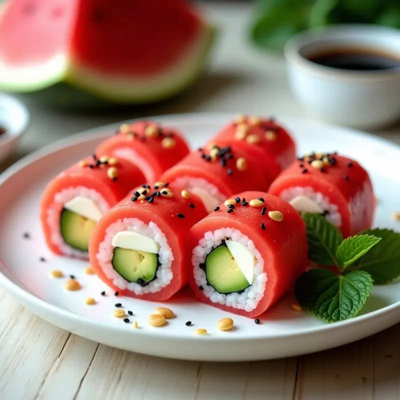 Plato blanco con sushi de watermelon en rollos diagonales, mostrando capas de sandía rosa, queso vegano cremoso, pepino verde y aguacate, espolvoreado con semillas de amapola negras. Acompañado de salsa de soja y decorado con hojas de menta fresca.