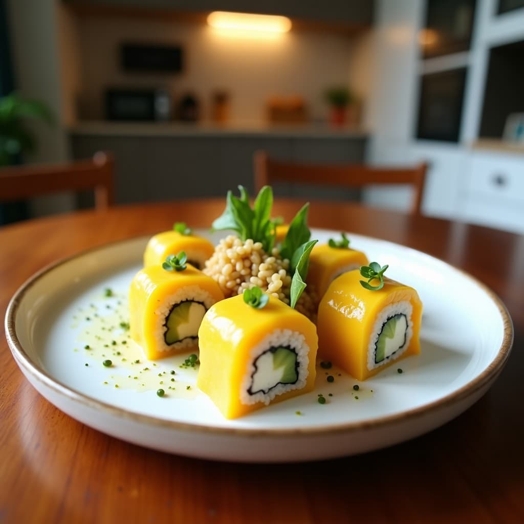 Plato blanco con sushis veganos de mango y aguacate con arroz de coliflor, cortados en piezas y decorados con semillas de sésamo negro sobre fondo de madera clara. Receta crudivegana y sin gluten.