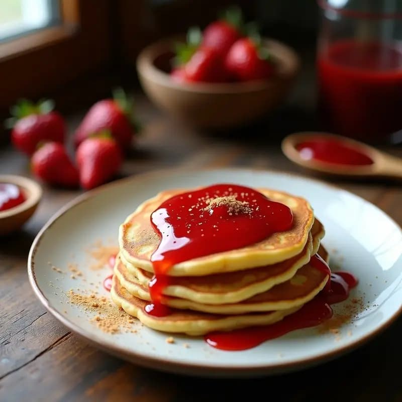 Plato blanco con tortitas rusas syrniki de requesón doradas y esponjosas, servidas con mermelada de fresa sin azúcar brillante y semillas de chía espolvoreadas. Fondo rústico de madera con fresas frescas y una cuchara de madera.