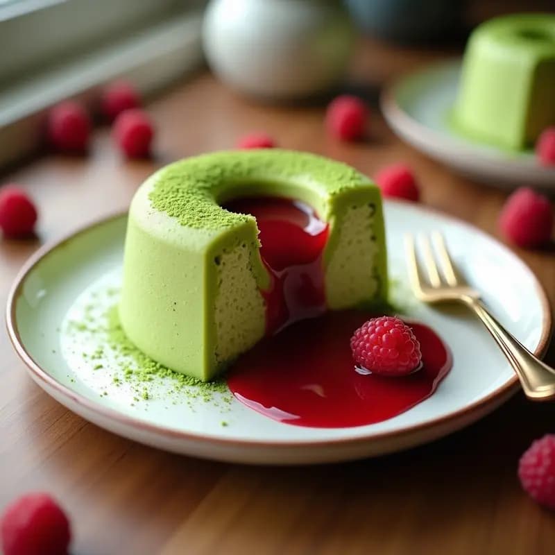 T sponge cake de matcha y frambuesas en molde metálico con forma de T, bizcocho esponjoso de color verde pálido relleno de coulis de frambuesa roja y decorado con frambuesas frescas y polvo de matcha espolvoreado.