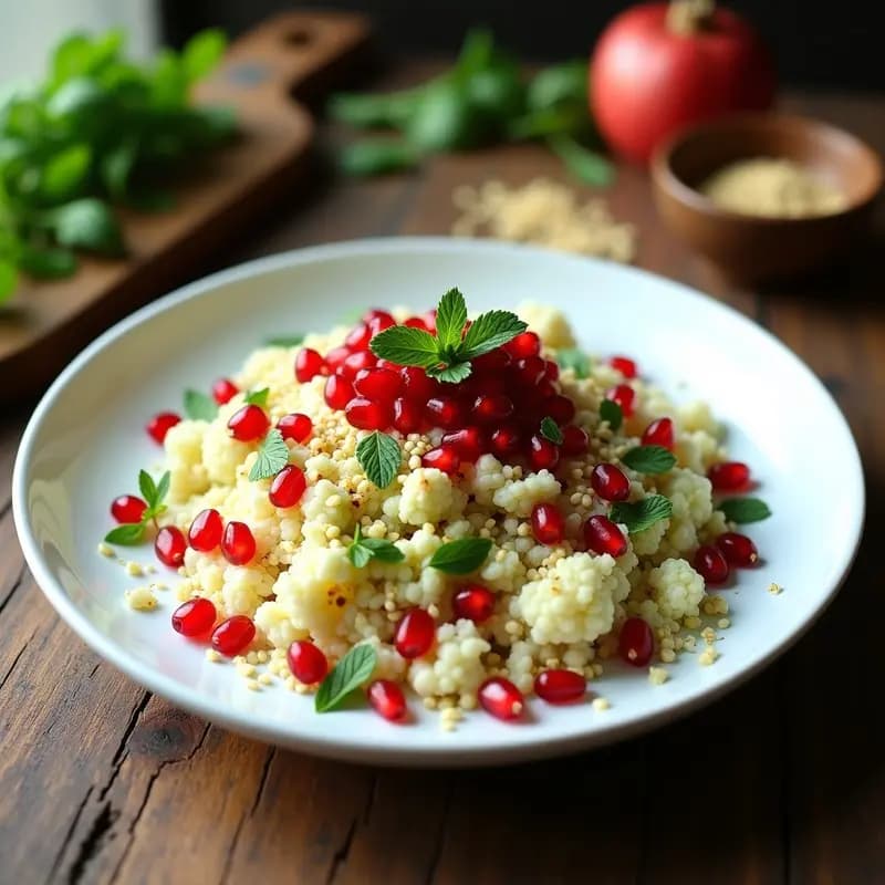 Plato bajo de cerámica blanca con Tabbouleh de Coliflor y Granados, decorado con semillas de granada rojas, perejil fresco y sésamo tostado. Receta árabe sin trigo y baja en calorías.