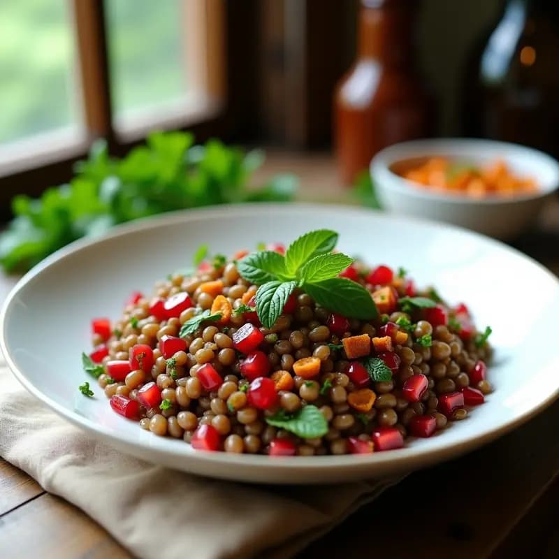 Tabbouleh de lentejas pardinas con semillas de granado rojas vibrantes, menta fresca y pistachos tostados, servido en un bol de cerámica blanca sobre fondo rústico. Ensalada libanesa sin gluten con textura crunchy y colores frescos.