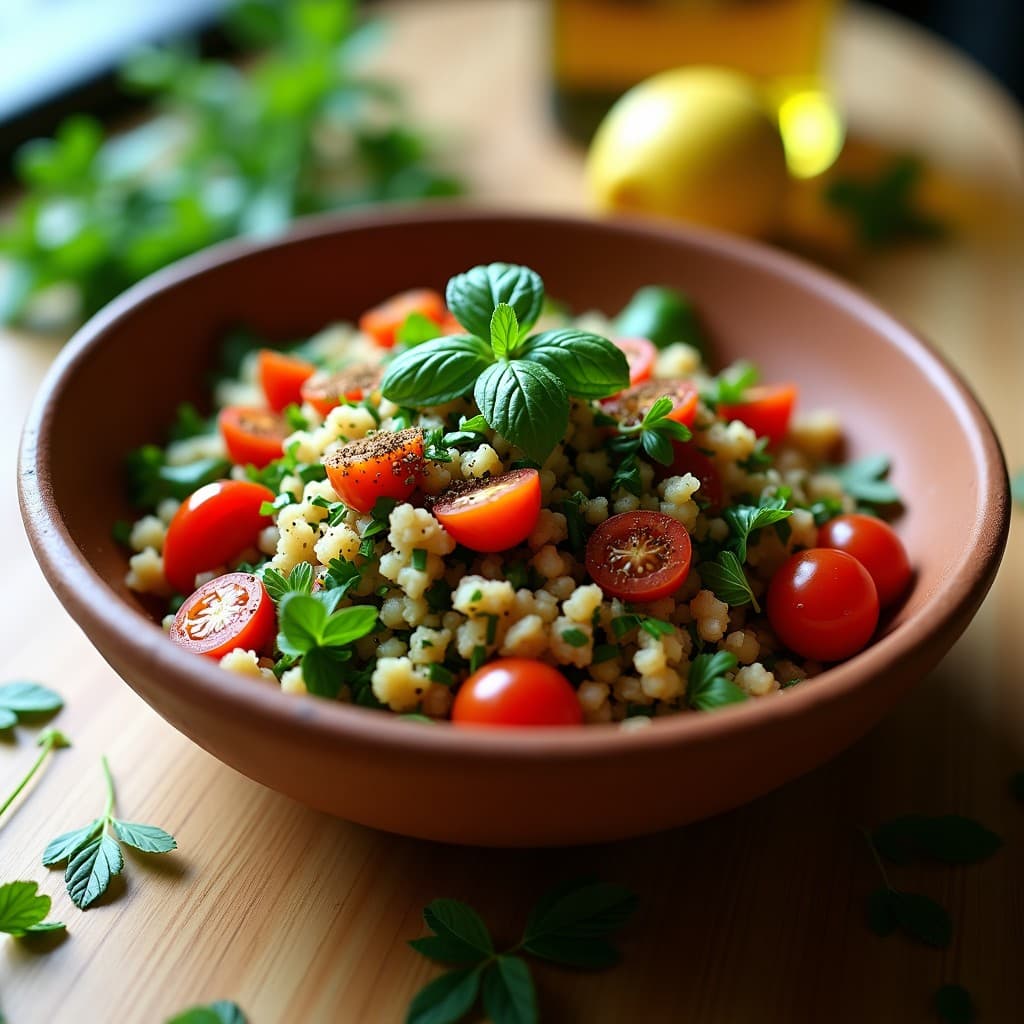 Ensalada tabbouleh libanés en bol de barro con bulgur, perejil, menta y tomate, espolvoreado con zaatar y aceite de oliva virgen extra.