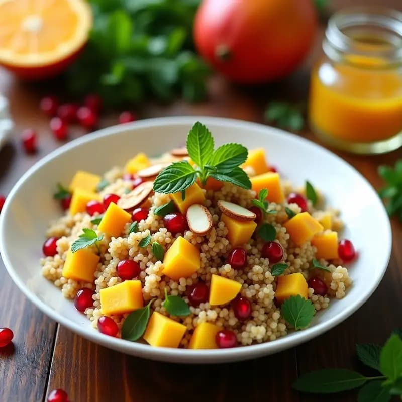 Ensalada Tabbouleh de quinoa y mango con vinagreta de naranja ácida, servida en un bol de cerámica blanca con decoración de hojas de menta fresca y semillas de granada.