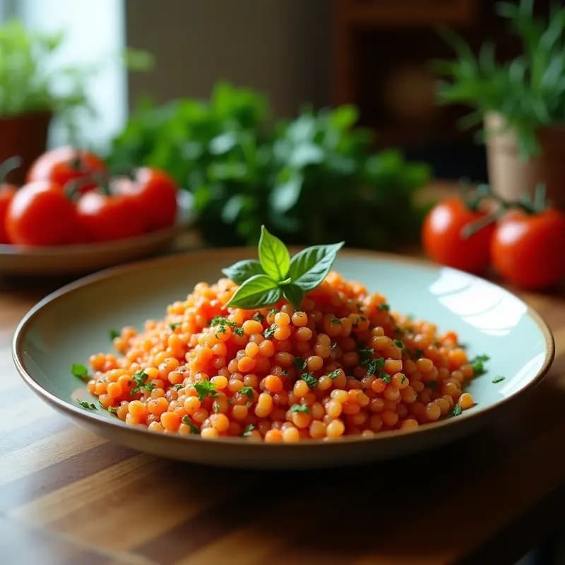Ensalada Tabbouleh de Theoret en bol de cerámica blanca, con tomates perla rojos, pepino verde en cubos, hierbas frescas picadas y semillas de sésamo tostadas espolvoreadas. Fondos verdes de perejil y menta, luz natural suave.