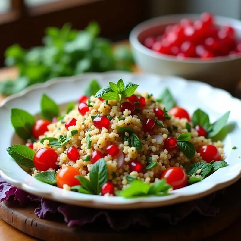 Ensalada Tabbuleh libanesa servida en plato de barro con bulgur, semillas de granada, hierbas frescas y vinagreta de naranja brillante, decorada con hojas de menta y rodajas de naranja sanguina.