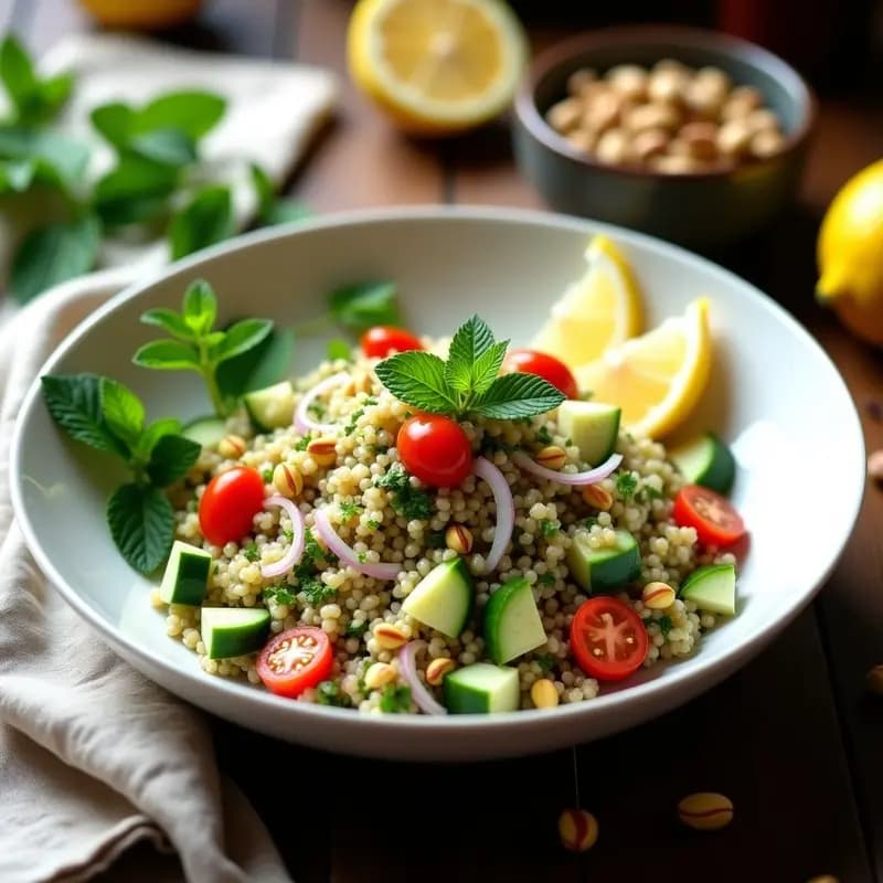 Ensalada Taboulé de quinoa y hierbas frescas con limón, servida en un bol de cerámica blanca con detalles azules. La quinoa esponjosa se mezcla con perejil, menta, rábanos en láminas, pepino en cubos y almendras tostadas, todo decorado con rodajas de limón y un hilo de aceite de oliva.