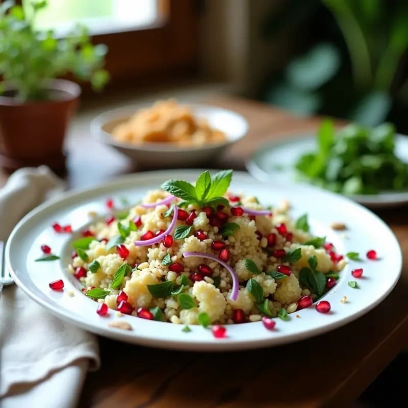 Ensalada Taboulé de Coliflor y Hierba Buena con Granada servida en bol de cerámica blanca, con semillas rojas de granada y hojas verdes de hierba buena fresca, sobre fondo rústico de madera.