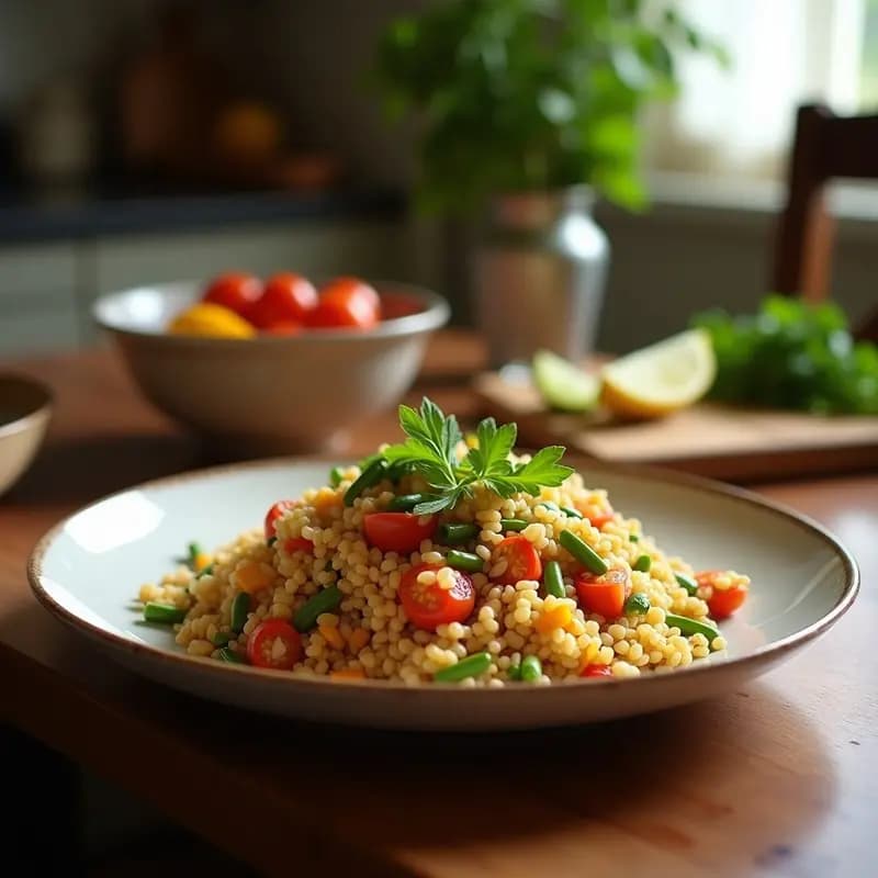 Ensalada Tabouleh libanés en plato de barro blanco, con trigo bulgur dorado, perejil fresco picado, tomates rojos en cubos, pepino verde y semillas de sésamo tostadas. Decorado con gajos de limón y un hilo de aceite de oliva virgen extra.