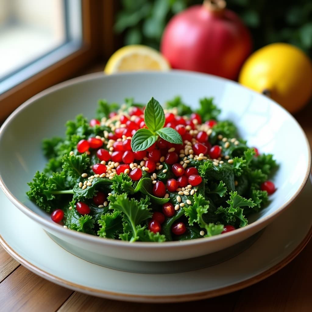 Ensalada Tabule de col rizada finamente picada con semillas de granado rojas brillantes, perejil fresco y sésamo tostado, servida en un bol de cerámica blanca con aderezo de limón y aceite de oliva, fondo rústico de madera.