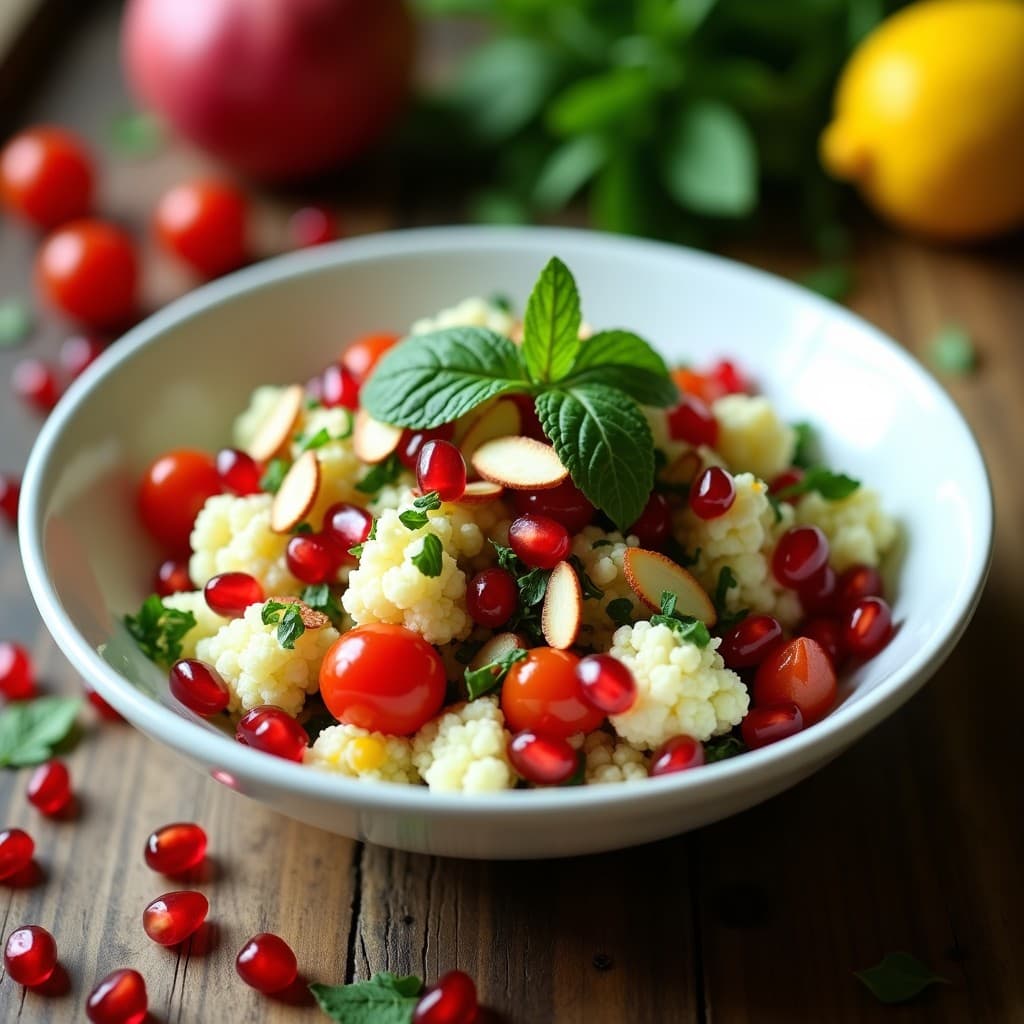 Ensalada Tabulé libanesa keto en un bol de cerámica blanca, con coliflor picada fina, semillas de granada rojas brillantes, perejil y menta fresca, almendras tostadas y un aliño dorado. Plato colorido y fresco sobre fondo de madera rústica.