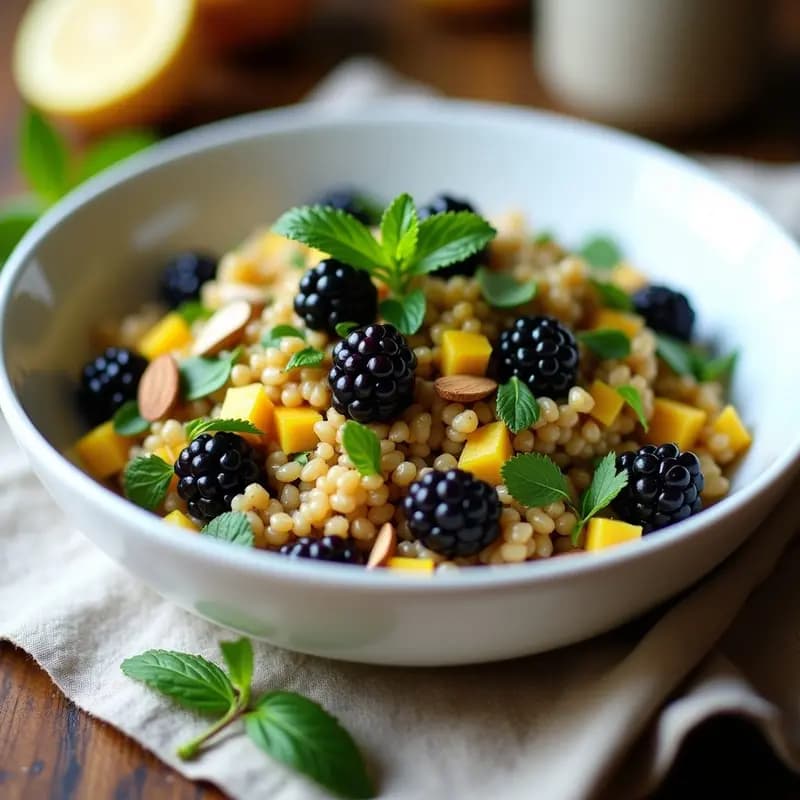 Ensalada Tabulé de Moras y Espelta con Vinagreta de Limón servida en bol de cerámica blanca, con moras frescas, perejil, menta y almendras tostadas, sobre fondo rústico de madera.