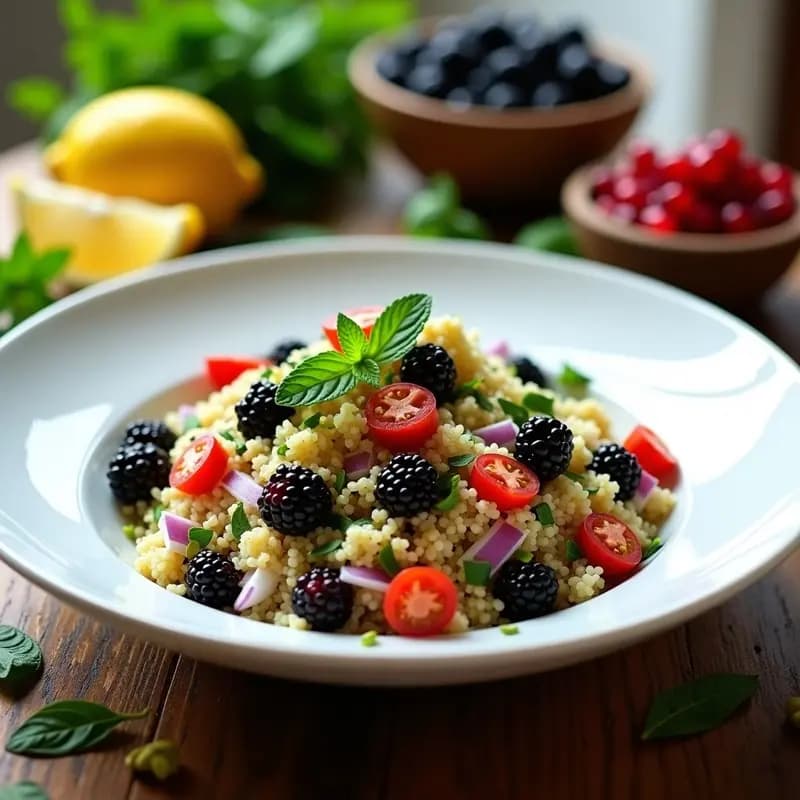 Tabulé libanés de quinoa y zarzamora servido en un plato blanco de cerámica, con quinoa esponjosa, trozos de zarzamora fresca, perejil picado y semillas de granada como decoración. El plato está rodeado de hojas de menta y rodajas de limón, con un fondo de madera rústica y luz natural.