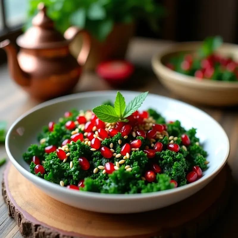 Ensalada Tabuleh de col rizada verde oscura picada fina, mezclada con granos de granada rojos vibrantes, perejil fresco y semillas de sésamo, servida en un bol de cerámica blanca sobre fondo rústico de madera.