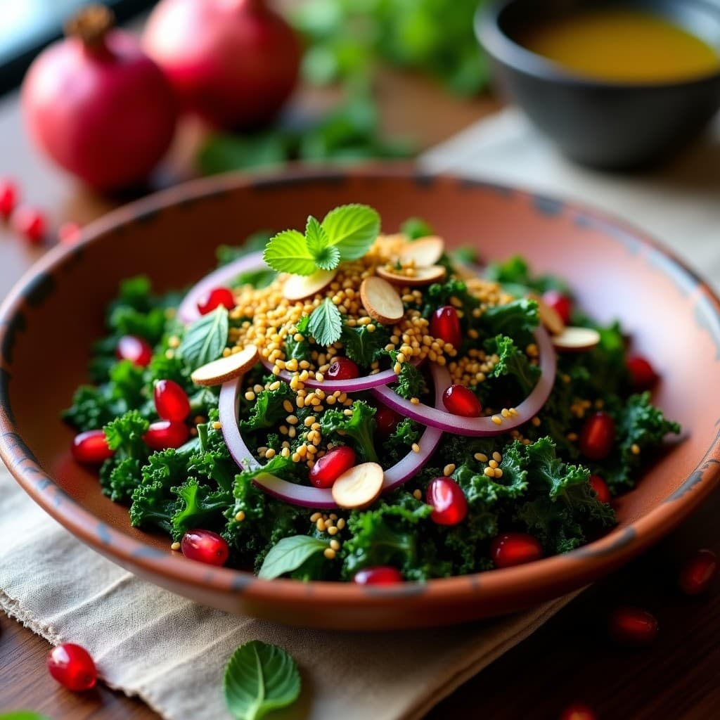 Ensalada Tabuleh de col rizada verde intenso con granos de granada rojos brillantes, perejil picado y semillas de sésamo, bañada en vinagreta dorada de sumac. Servida en un bol de barro con almendras tostadas y decoración de sumac espolvoreado.