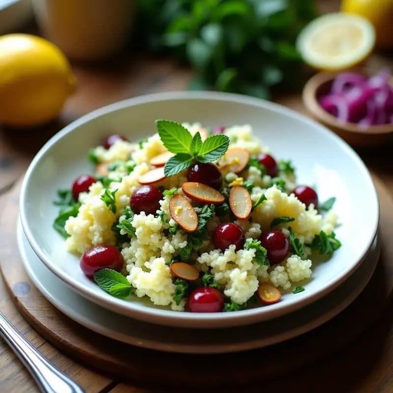 Plato blanco con Tabuleh de coliflor y cerezas, ensalada libanesa sin trigo, decorada con almendras tostadas, menta fresca y trozos de cebolla morada, con un fondo rústico de madera.