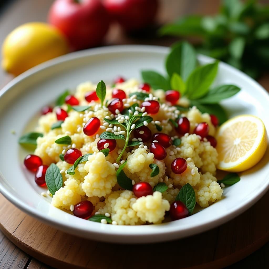 Ensalada Tabuleh de Coliflor y Granados con Vinagreta de Limón y Aceite de Sésamo servida en bol de cerámica blanca, con semillas de granado rojas y sésamo blanco espolvoreados, hierbas frescas y un fondo rústico de madera.
