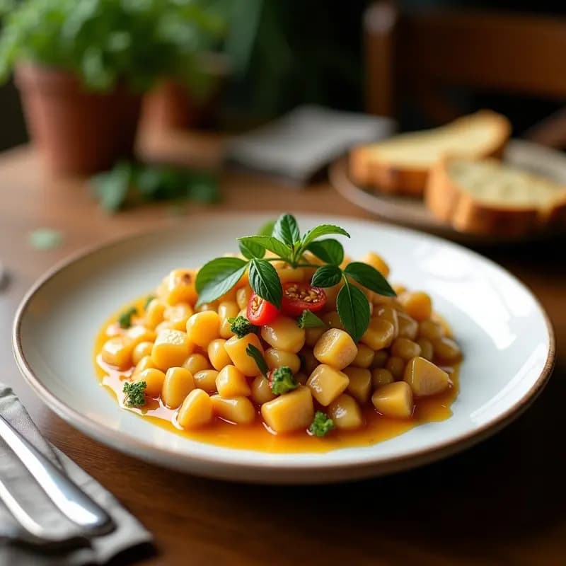 Ensalada Tabuleh de coliflor rallada, perejil fresco picado y semillas de granada rojas brillantes, servida en un bol de cerámica blanca con vinagreta dorada y decorada con hojas de menta y limón confitado.