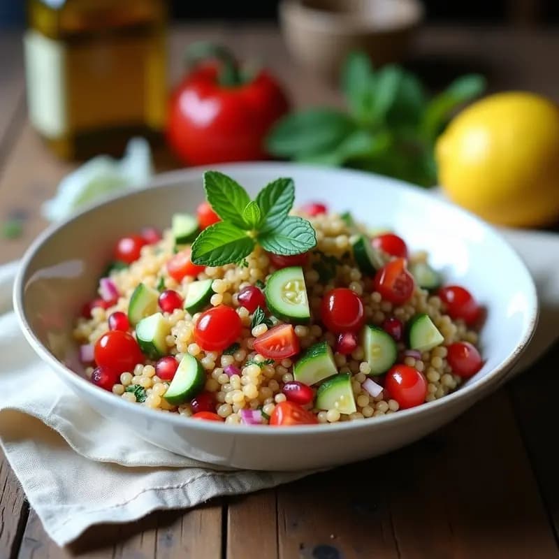 Plato de cerámica blanca con Tabuleh de Quinoa y Granada con Mentol, decorado con semillas de granada rojas, almendras tostadas y hojas de mentol fresco. Ensalada libanesa vegana sin bulgur, con textura crujiente y colores vibrantes.