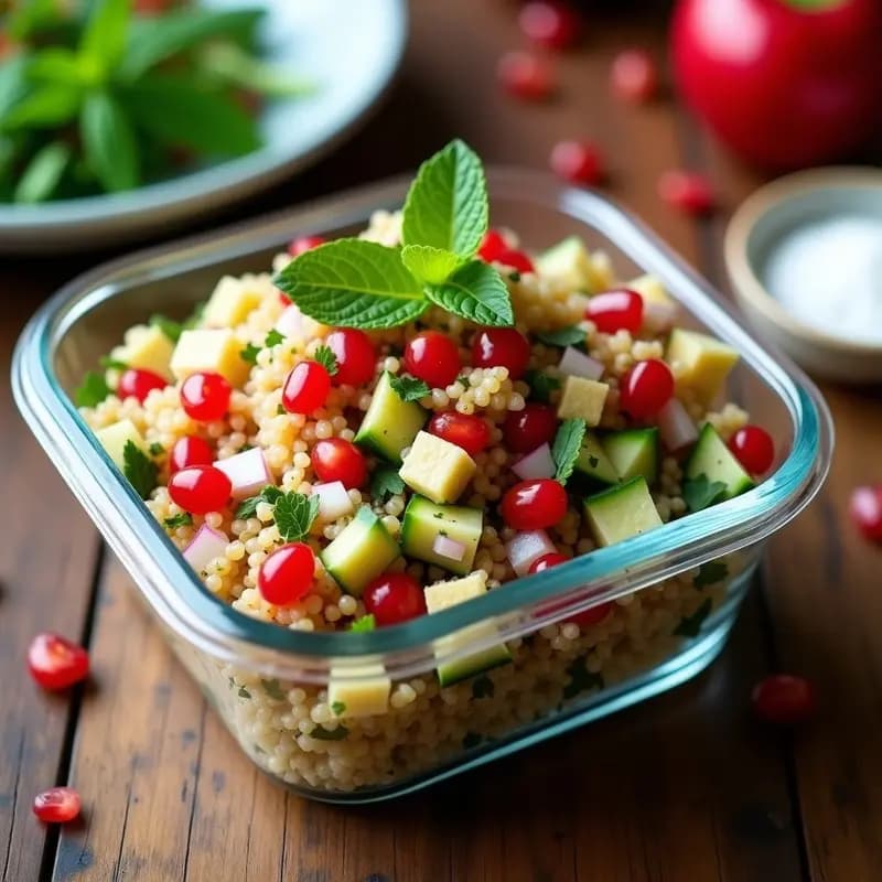 Ensalada Tabuleh de quinoa y granado en un bol de cerámica blanca, con semillas rojas de granado, perejil y menta fresca, almendras tostadas y un aliño brillante. Plato colorido y fresco, ideal para tupper.