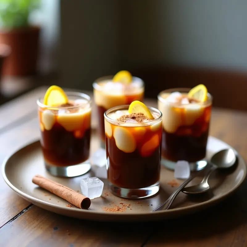 Cuatro tacitas de cristal transparente llenas de café helado con espresso, leche condensada y hielo picado, espolvoreadas con canela y cáscara de limón sobre una mesa de madera rústica.