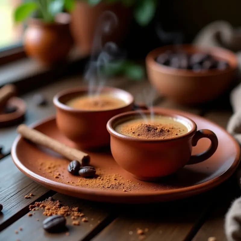 Tacitas mexicanas de café con chocolate servidas en tazas pequeñas de cerámica, espolvoreadas con canela y acompañadas de una rama de canela y granos de café al lado.