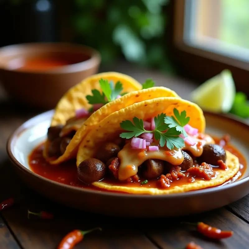 Taco de birria de hongos oyster y queso vegano derretido en tortilla de maíz azul dorada, servido en plato rústico con consomé rojo al lado, cebolla morada picada y cilantro fresco. Receta mexicana de fusión en airfryer.