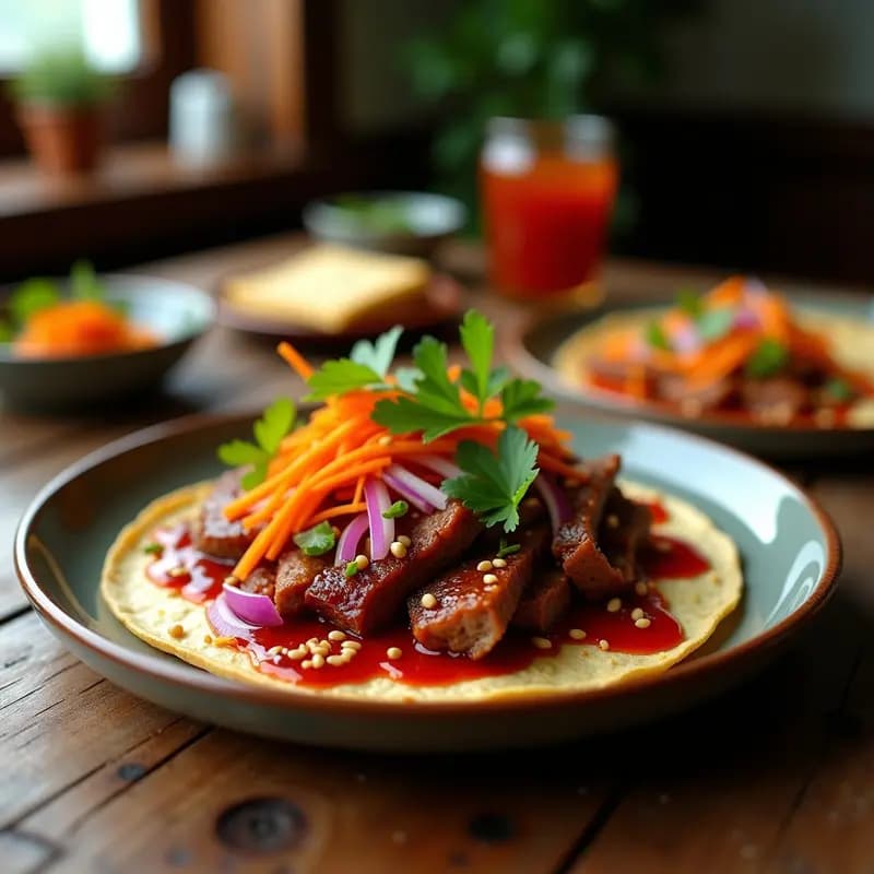 Taco coreano abierto sobre papel de horno, con carne de res marinada en gochujang de color rojo intenso, cebolla morada, zanahoria rallada y kimchi, espolvoreado con semillas de sésamo. Tortilla de maíz ligeramente dorada. Plato rústico de fondo.