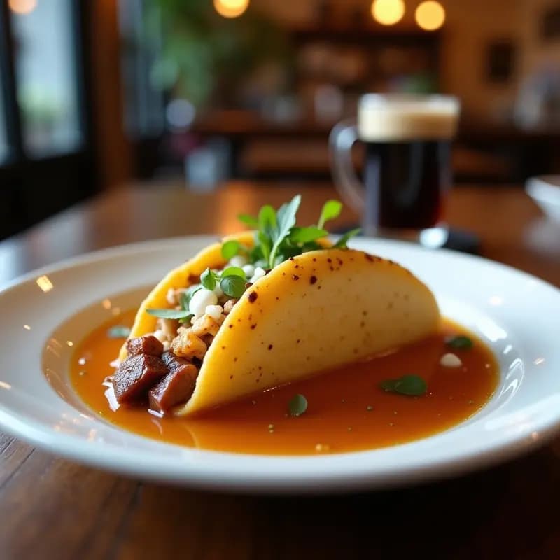 Taco dorado de maíz relleno de café mexicano con espresso y canela, espolvoreado con semillas de chía y cacao, servido en plato rústico de barro.