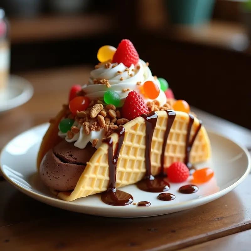 Taco de helado en cono de gofre abierto, relleno de capas de helado de vainilla, chocolate y fresa, cubierto con nata montada, sirope de chocolate y fresa, virutas de chocolate, cacahuetes y gominolas de osa mayor.