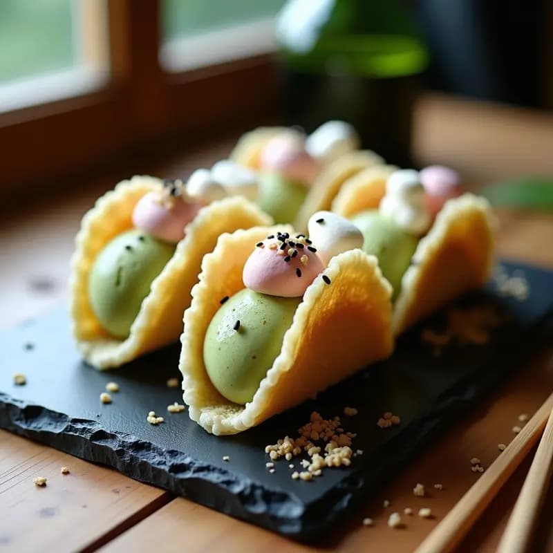 Taco de helado de matcha y mochi sobre plato negro, con base crujiente de arroz inflado pintado de chocolate blanco, relleno de helado verde vibrante, trozos de mochi elástico y semillas de sésamo negro espolvoreadas. Postre japonés estético y fotogénico para Instagram.