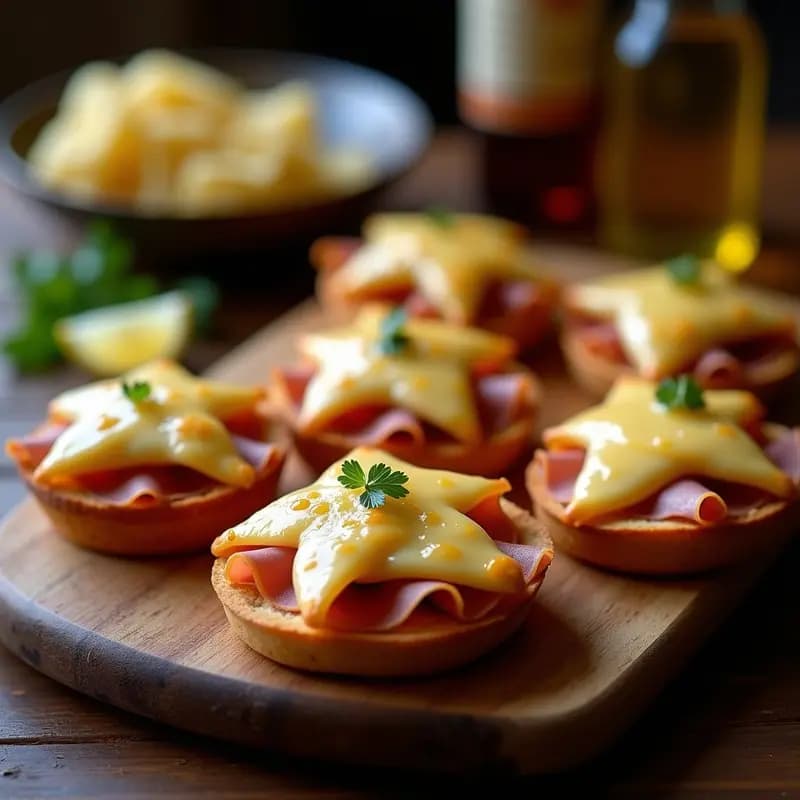 Tacones de jamón serrano dorados con queso Manchego curado gratinado en forma de cruz, servidos en bandeja rústica de madera, receta tradicional andaluza.