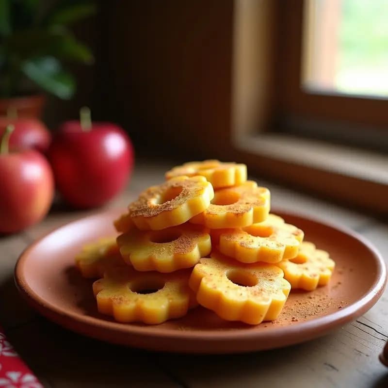 Tacones de lleninga y manzana dorados y crujientes, apilados en un plato rústico de barro con un toque de canela espolvoreada, fondo de cocina tradicional ecuatoriana.