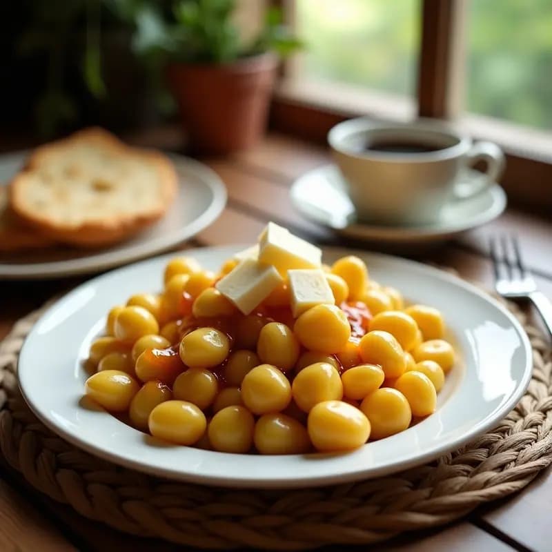 Plato blanco con tacones de morochos amarillos, bañados en almíbar de panela y cubiertos con trozos de queso guayanés derretido, típico desayuno venezolano.