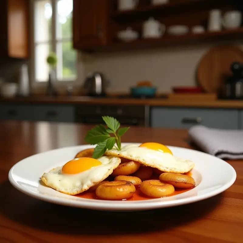 Plato tradicional español de huevos rotos con patatas crujientes doradas y taquitos de jamón serrano, yema líquida mezclándose con las patatas.