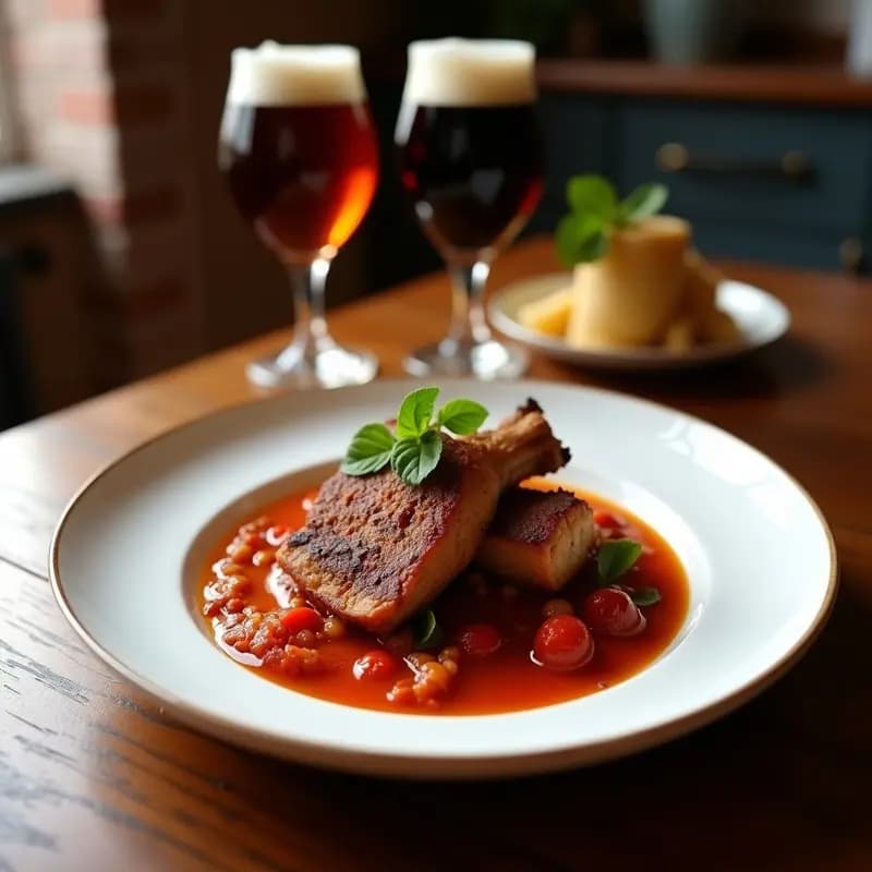 Plato hondo de barro con tacones ibéricos en cerveza negra, bañados en salsa bravas cremosa y espolvoreados con perejil fresco. Acompañados de pan tostado.