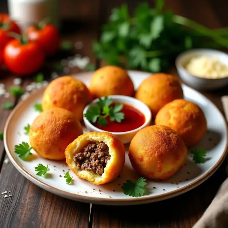 Plato con tacones de papa rellenos de carne picada, dorados y crujientes por fuera, servidos con salsa de ají y perejil fresco, receta colombiana tradicional.