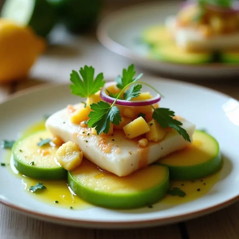 Plato con rodajas de papaya verde fresca cubiertas de ceviche de corvina marinado en leche de tigre, decorado con culantro y ají limo, receta peruana de tacones de papaya verde con pescado.