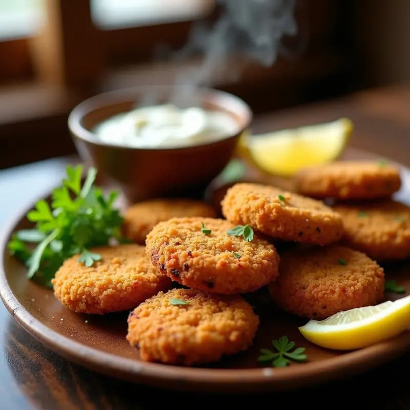 Tacones dorados de hongos Portobello crujientes en airfryer, rebozados con harina de almendra y especias, servidos en plato de madera con limón y cilantro fresco.