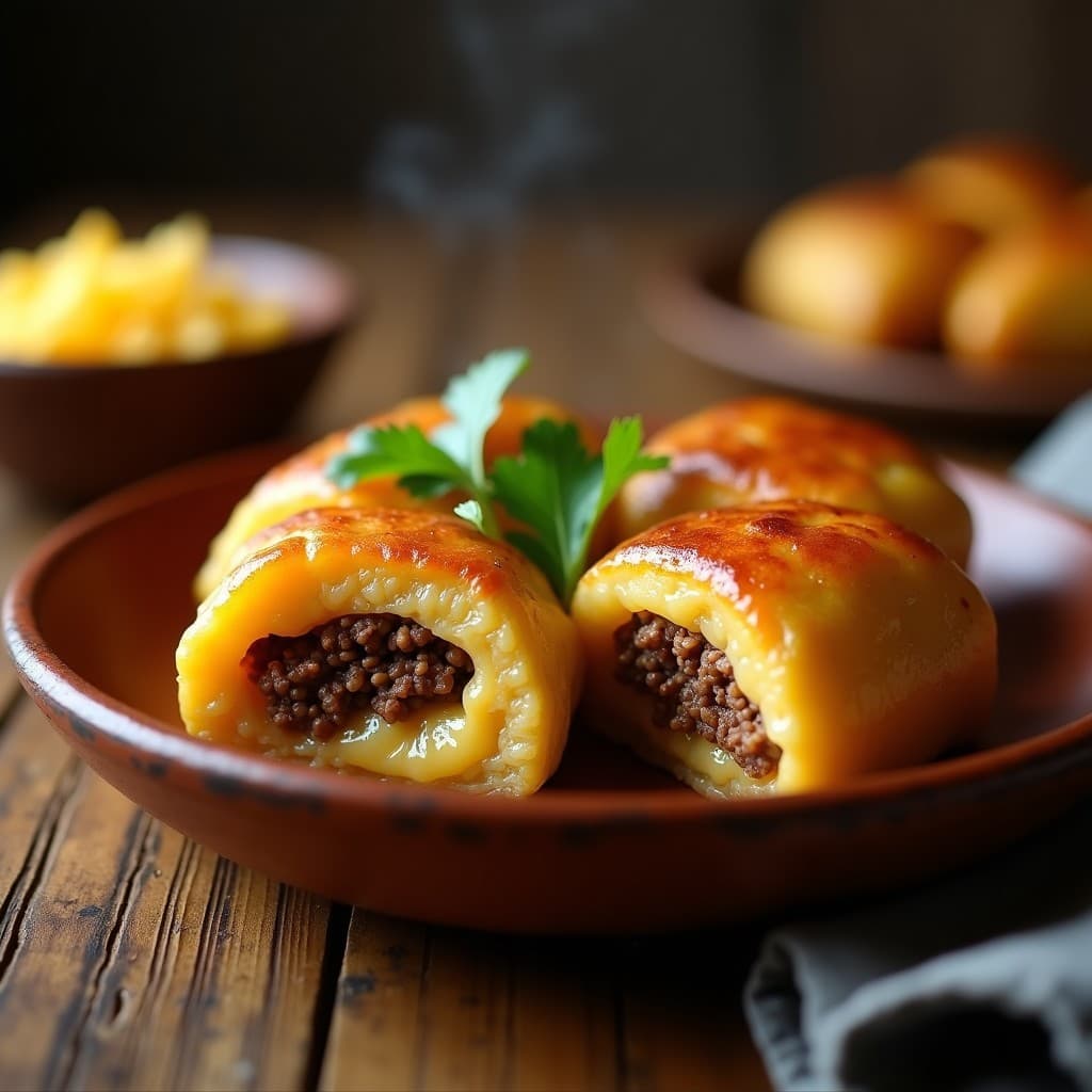 Plato de tacones de yuca dorados rellenos de carne molida jugosa y queso fundido, servidos en fuente de barro con cilantro fresco. Receta colombiana en olla lenta.