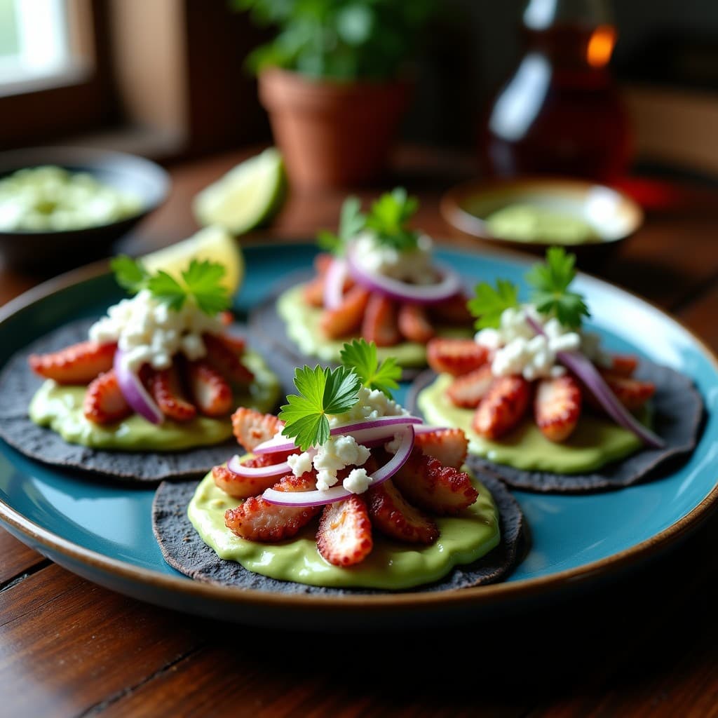Plato de tacos de pulpo ahumado en tortillas de maíz azules, con salsa de aguacate, cebolla morada y cilantro fresco, servidos en una mesa rústica de madera.