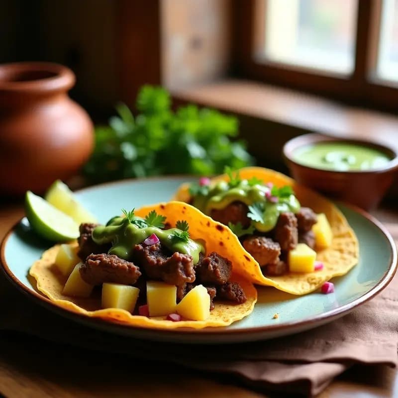 Plato de tacos al pastor de cordero con trozos tiernos de carne estofada, ananás caramelizado dorado y salsa verde vibrante, servidos en tortillas de maíz azules. Decorado con cilantro fresco y cebolla morada en juliana sobre un mantel rústico de lana.