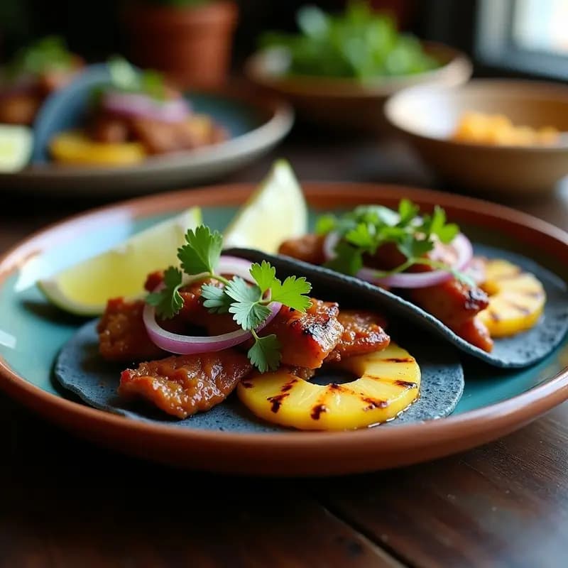 Tacos al pastor con piña asada servidos en tortillas de maíz azul, con cebolla morada, cilantro y limón, sobre un plato de barro rústico con fondo de mesa de madera oscura.