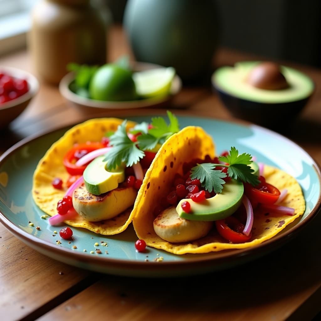 Tacos mexicanos rellenos de corazón de alcachofa dorada, moras de goji hidratadas, cebolla morada y pimiento rojo, servidos en tortillas de maíz azules con crema de aguacate y cilantro fresco, receta antioxidante en airfryer.