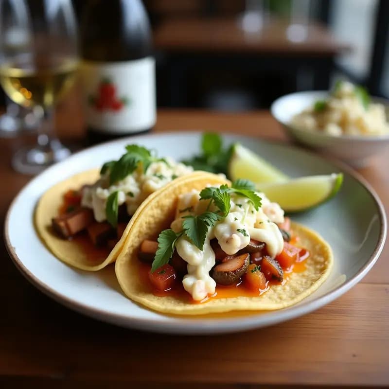 Tacos de alga nori crujiente rellenos de ceviche de corvina con aguacate, cebolla morada y cilantro, servidos en un plato blanco sobre fondo rústico. Receta keto sin carbohidratos en 15 minutos.