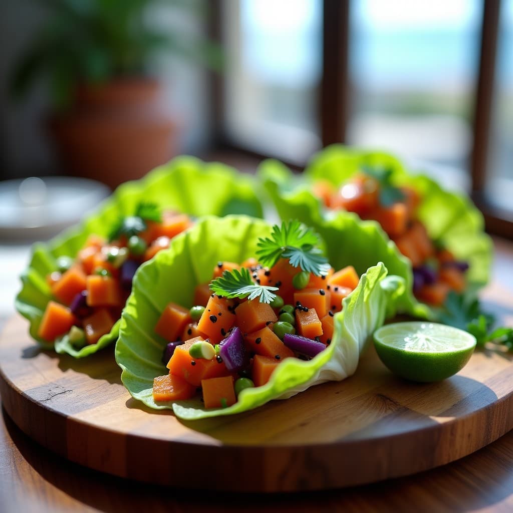 Tacos crudiveganos de hojas de lechuga romana rellenos de ceviche de zanahoria morada y naranja marinada, aderezados con espirulina en polvo y aguacate en rodajas, decorados con semillas de sésamo negro sobre una tabla de madera rústica.