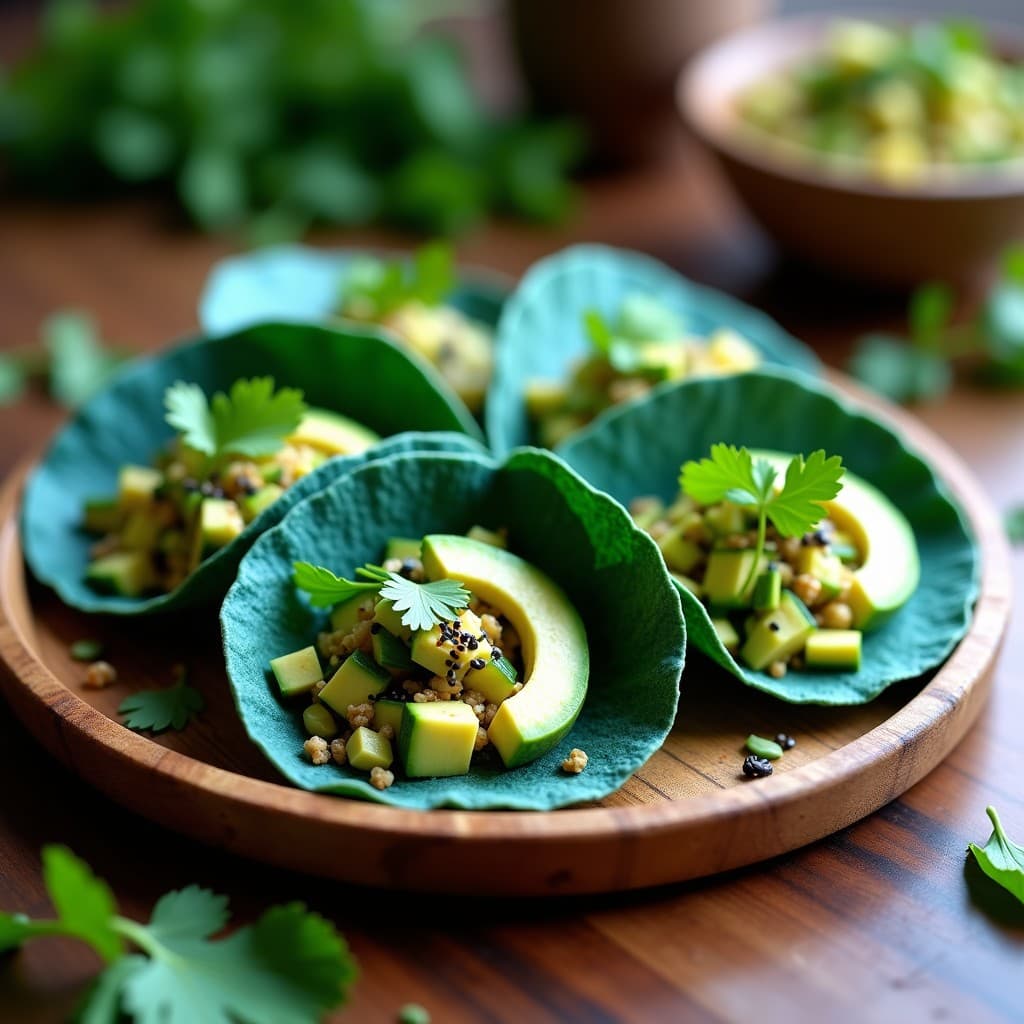 Tacos abiertos de tortilla de maíz azul pintados con espirulina, rellenos de ceviche de zucchini marinado en limón y jengibre, decorados con aguacate, cilantro, semillas de sésamo negro y pépitos de calabaza, sobre un plato de madera rústico con fondo de hojas verdes.