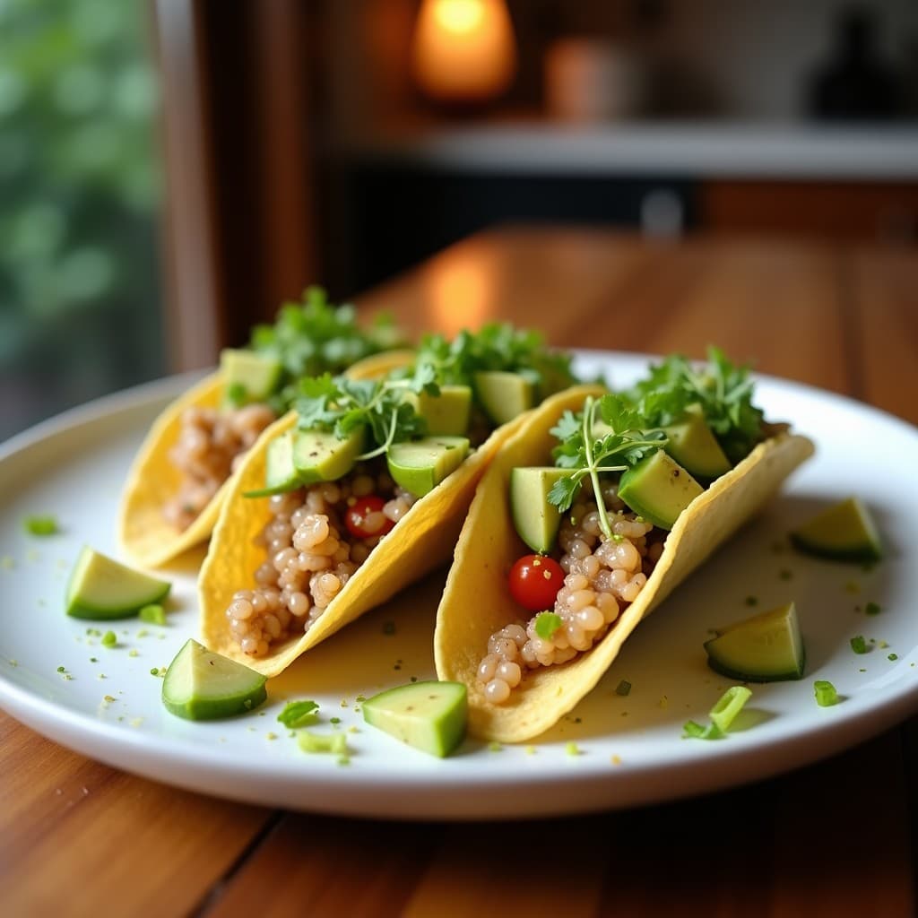 Plato con tacos abiertos de tortilla de maíz azul, rellenos de crema de aguacate verde, algas Karenia Brevis de color rojizo y mayonesa de wasabi blanca, decorados con semillas de sésamo y cilantro fresco sobre una mesa de madera rústica.