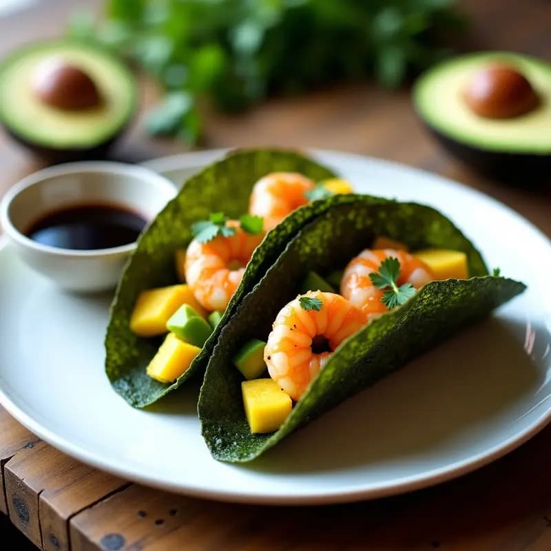 Tacos crujientes de algas nori rellenos de camarones al ají amarillo y aguacate, servidos en un plato blanco con decoración de cilantro fresco y salsa de soja, receta fusión japonesa-peruana en airfryer.