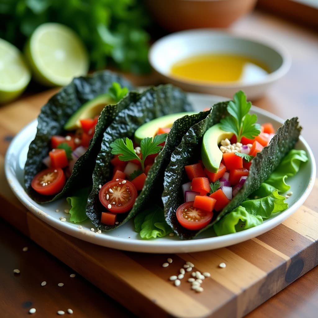 Plato con tacos de algas nori rellenos de ceviche de coriandro, lima, pimiento y aguacate, decorados con semillas de sésamo sobre una tabla de madera rústica. Receta vorkout vegana con omega-3.